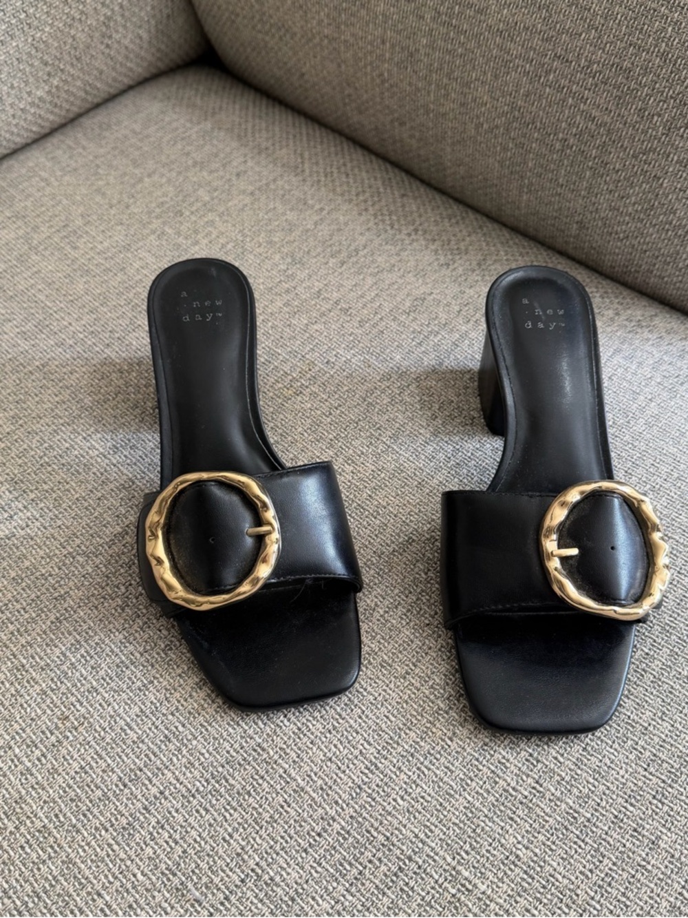 A New Day- Black Slide Heeled Sandals with Gold Buckle - Picture 3 of 8